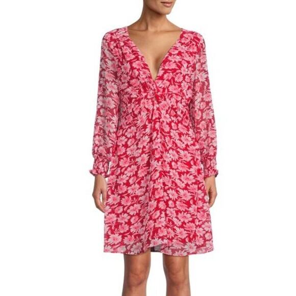 Julia Jordan Dress Floral Long Sleeve Tie Back Knee Length A Line Red Pink 8 - Picture 1 of 8